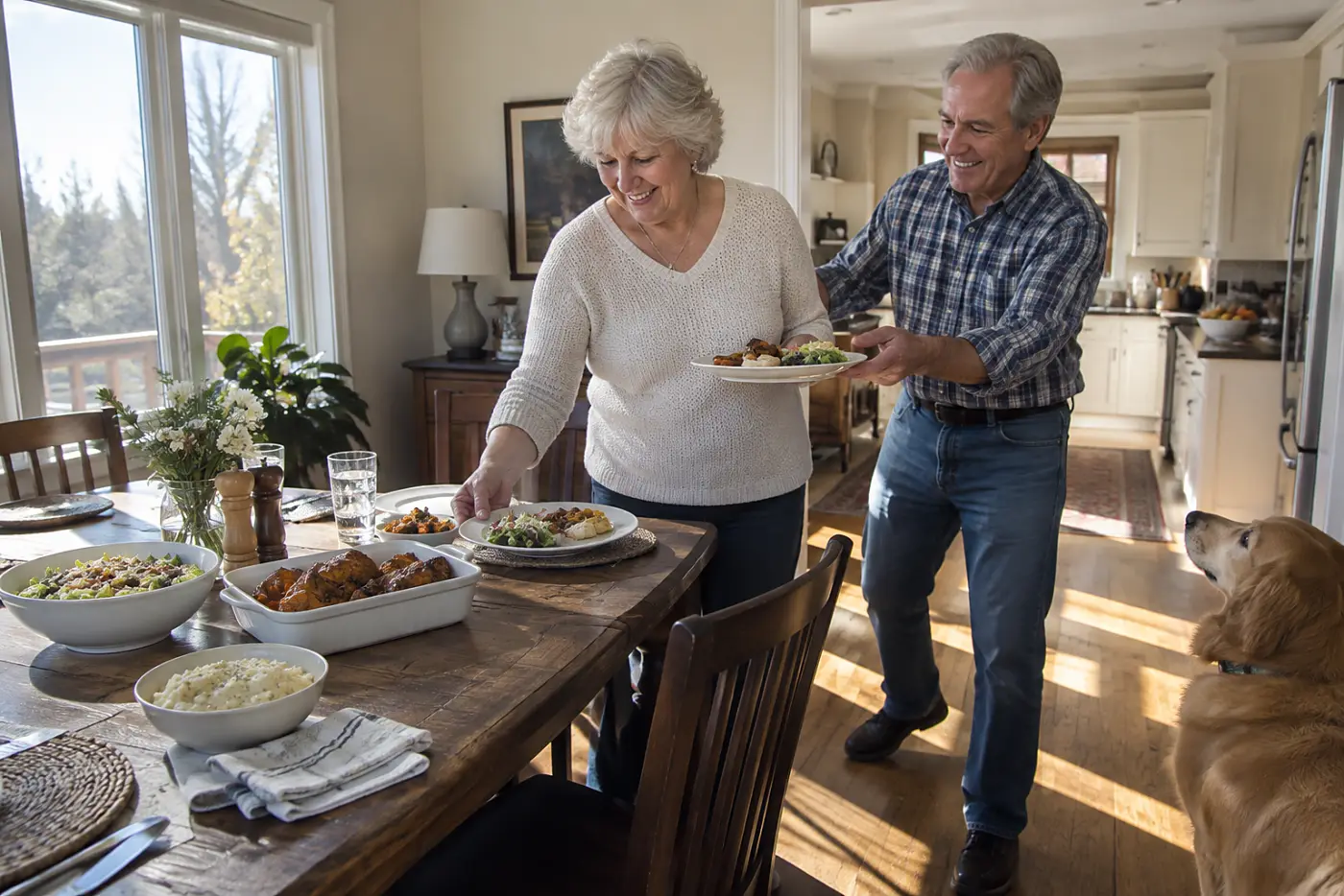 Older woman setting two plates on a dining room table before Sunday dinner.