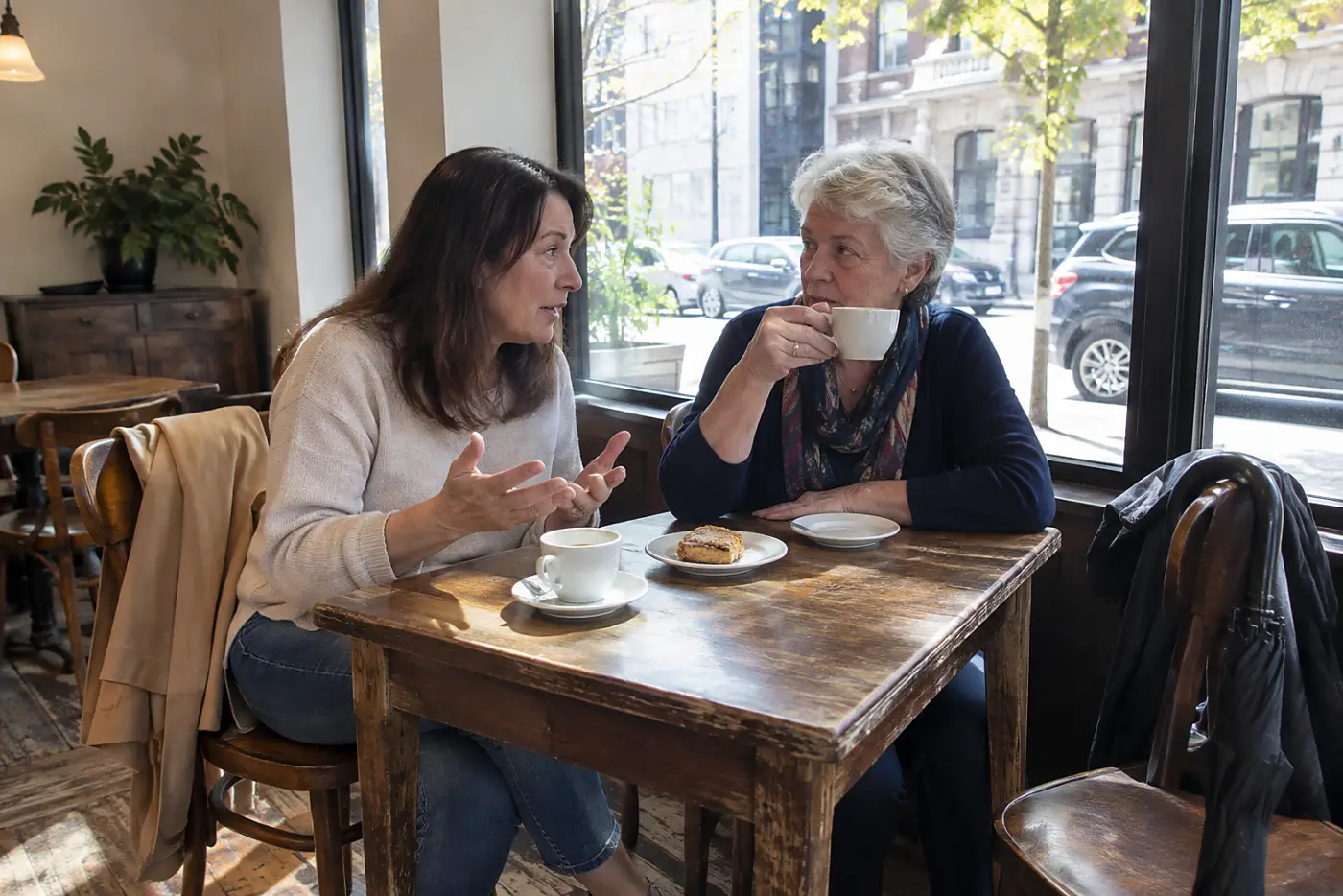Adult daughter speaking to her mother across a cafe table.