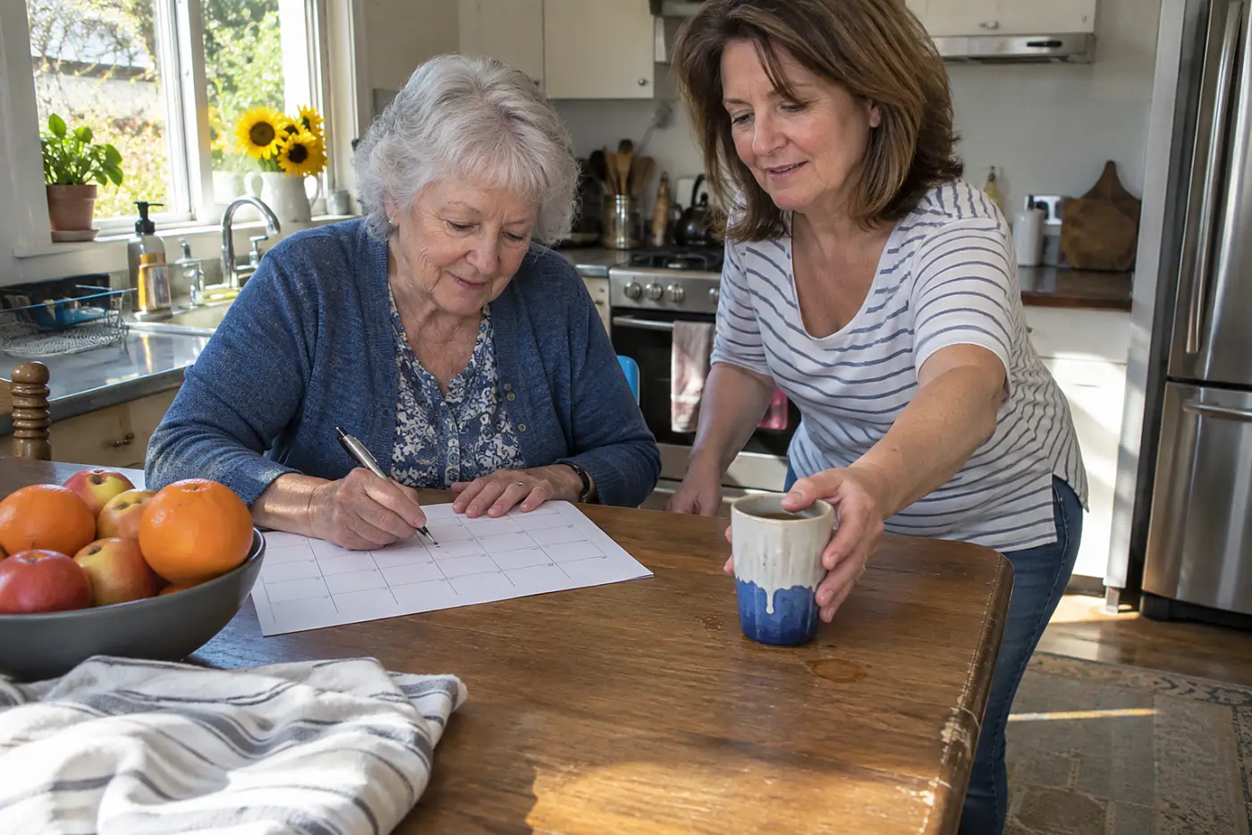 Older woman writing a visit time on a calendar at her kitchen table.