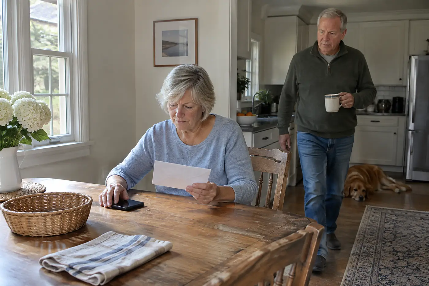 Older woman reading an appointment card before calling her daughter from home.