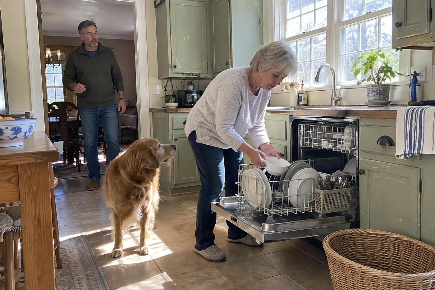 Older woman moving dishes in the dishwasher while her son watches from the kitchen doorway.