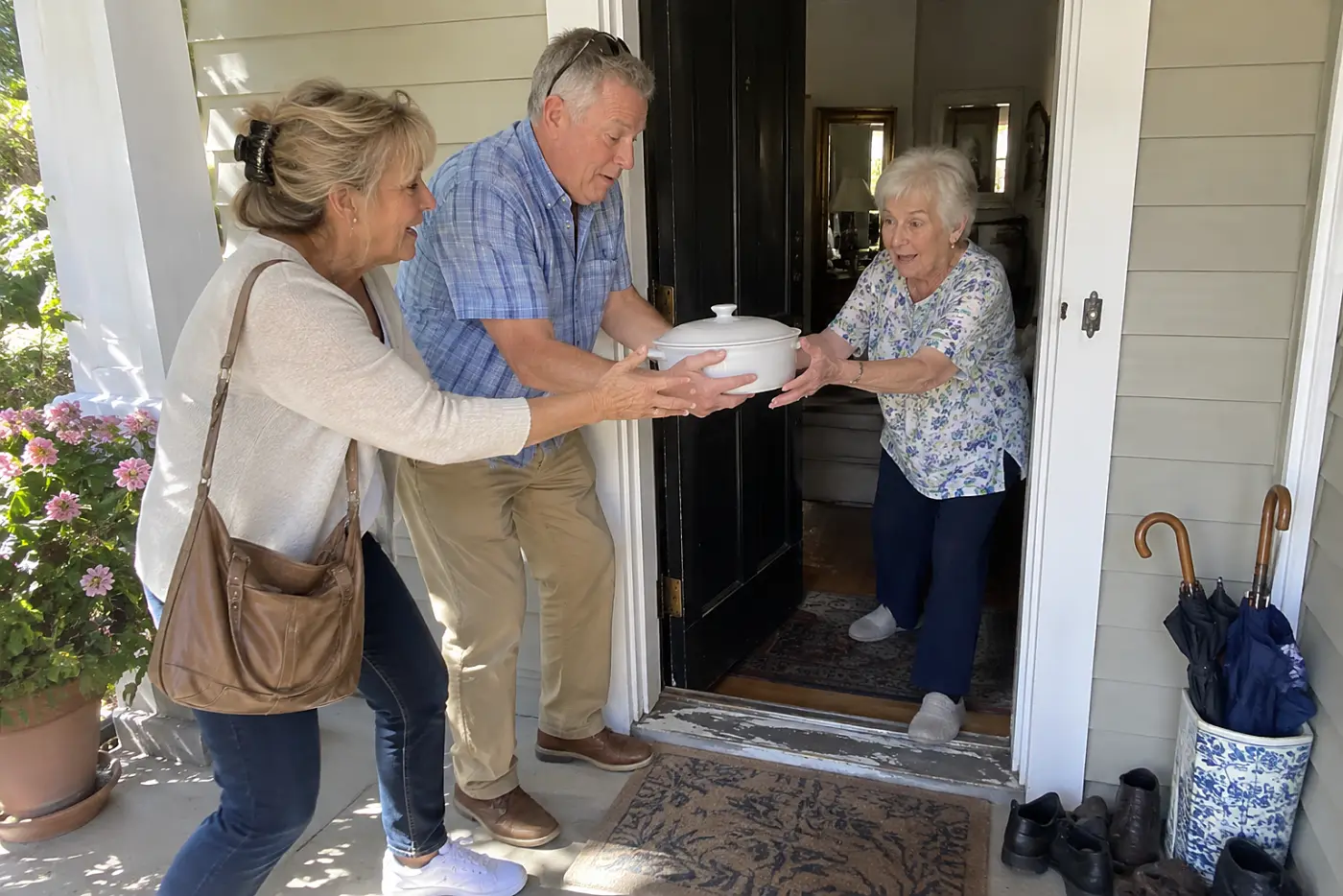Older woman greeting her son and his wife at her front door.
