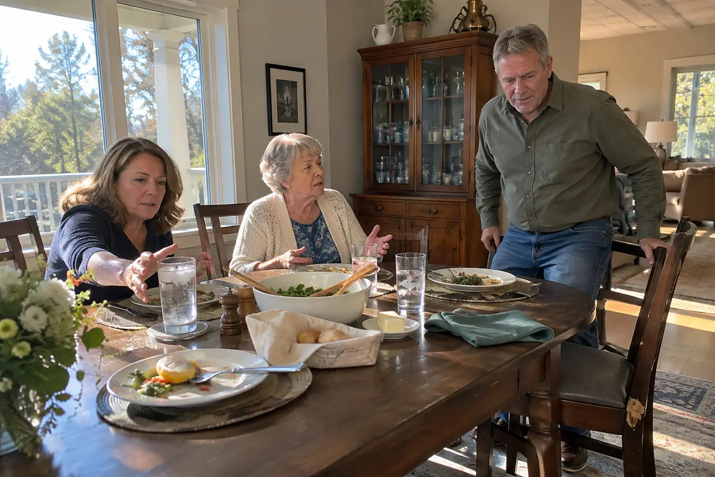 Adult son pushing back his chair during a family dinner.