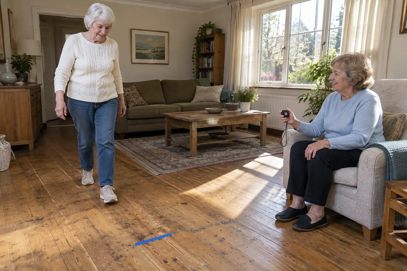 Older woman walks toward a floor marker while a friend times her from a chair.