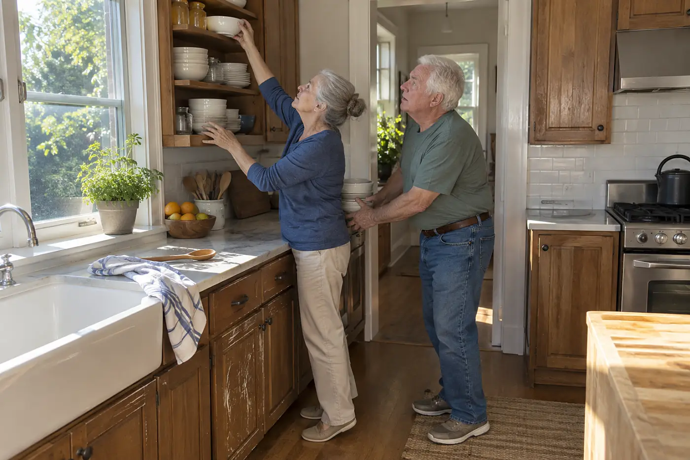 Older woman reaches toward a high kitchen shelf while standing on the floor.