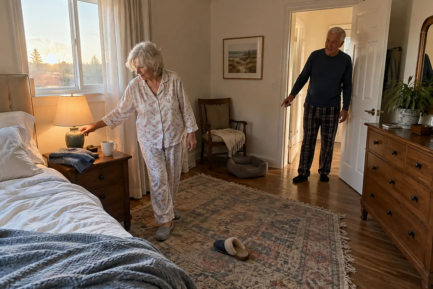 Older woman switches on a bedside lamp before walking across her bedroom.