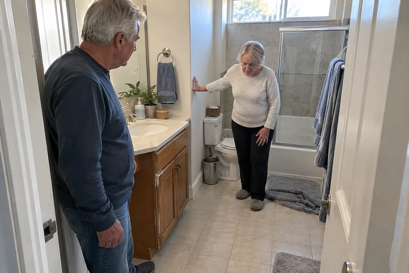 Older woman steadies herself beside a toilet in her bathroom.