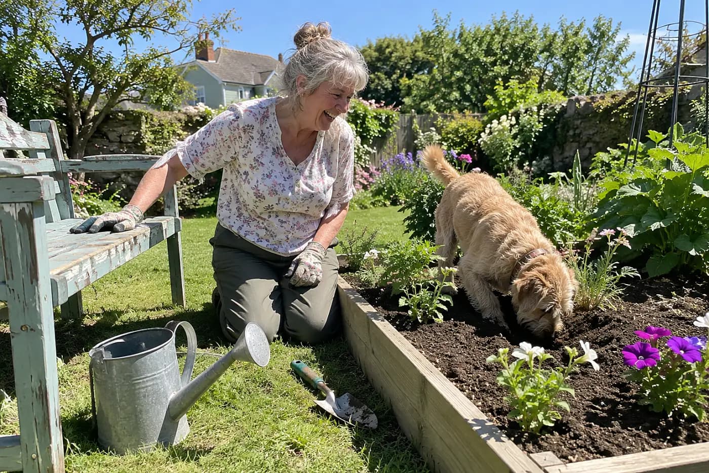 Older woman kneels beside a garden bed with one hand on a sturdy bench.