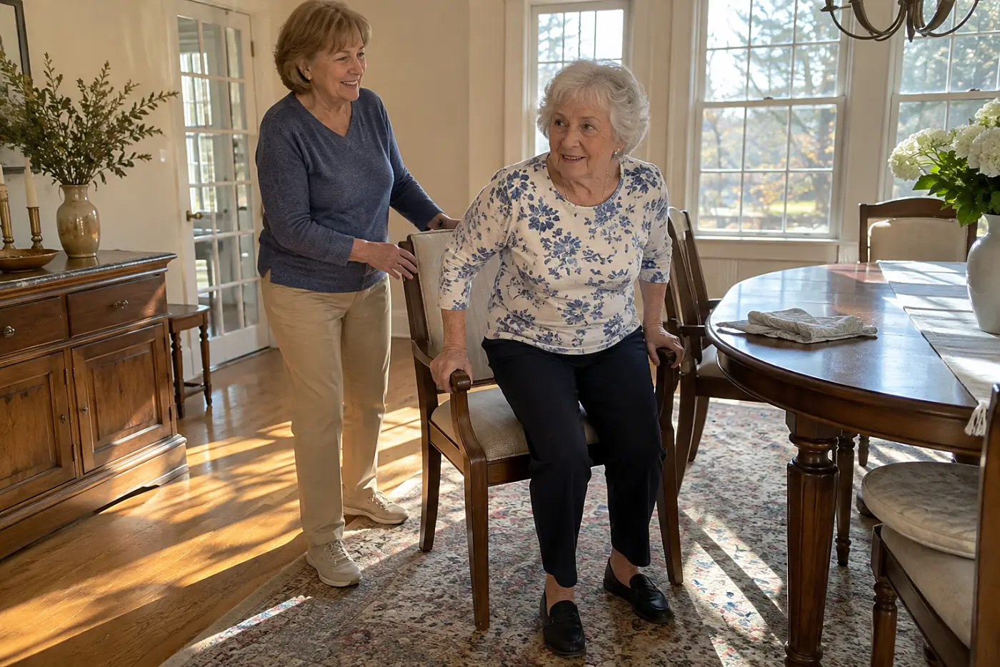 Older woman rises from a dining chair with her hands on its arms.