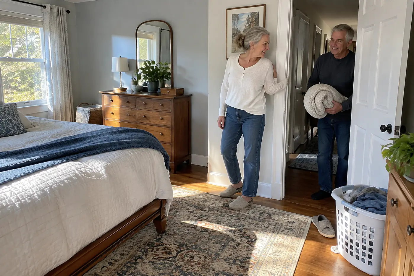 Older woman brushes a shoulder against her bedroom doorway.