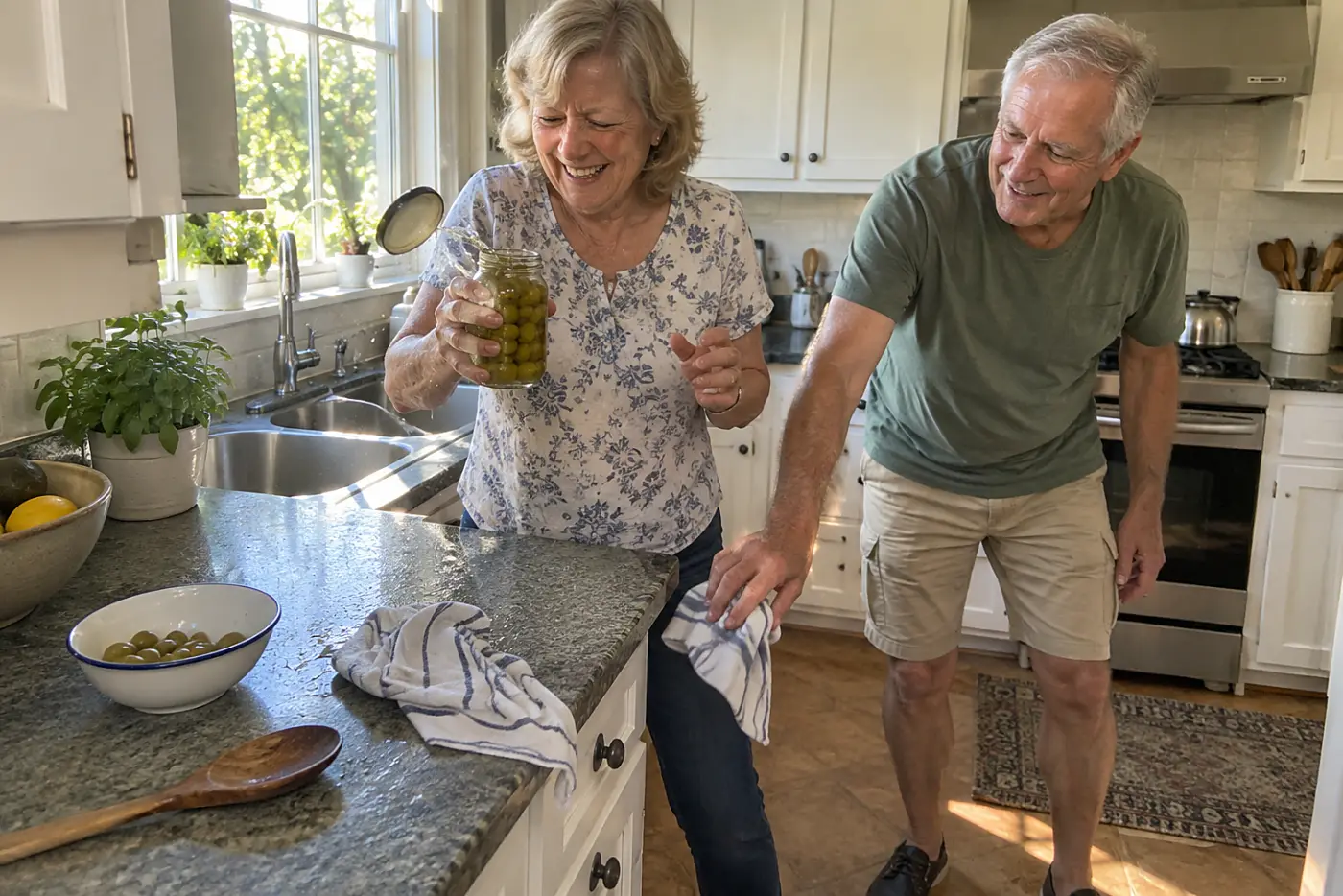 Older woman grips a jar of olives at her kitchen counter.