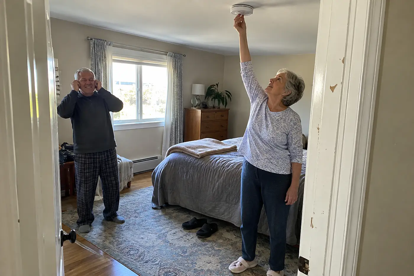 Older woman tests a smoke alarm in her bedroom doorway.