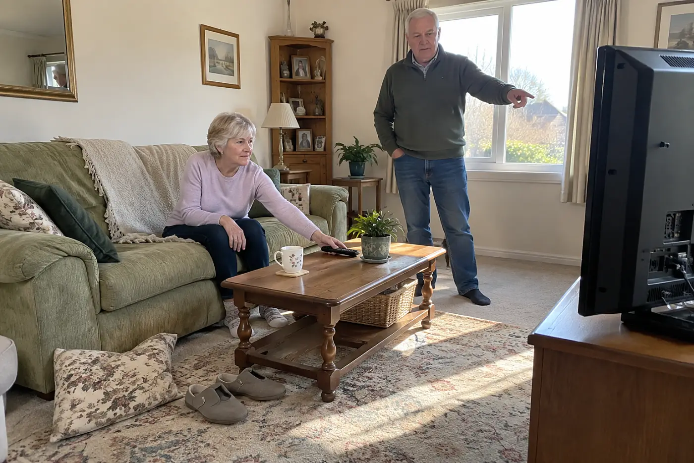 Older woman adjusts television captions while sitting beside her partner on a sofa.