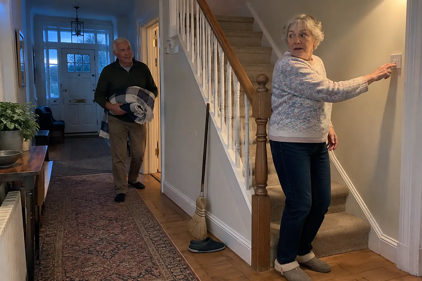 Older woman switches on a hallway light beside the stairs at dusk.