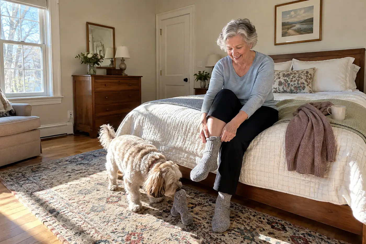 Older woman sits on the edge of her bed to put on a sock.