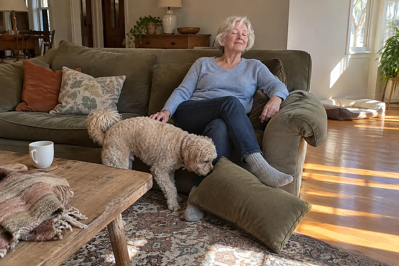 Older woman closes her eyes on a living room sofa in the afternoon.