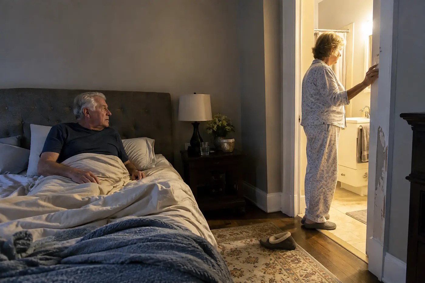 Older woman turns on a bathroom light during a nighttime trip from bed.