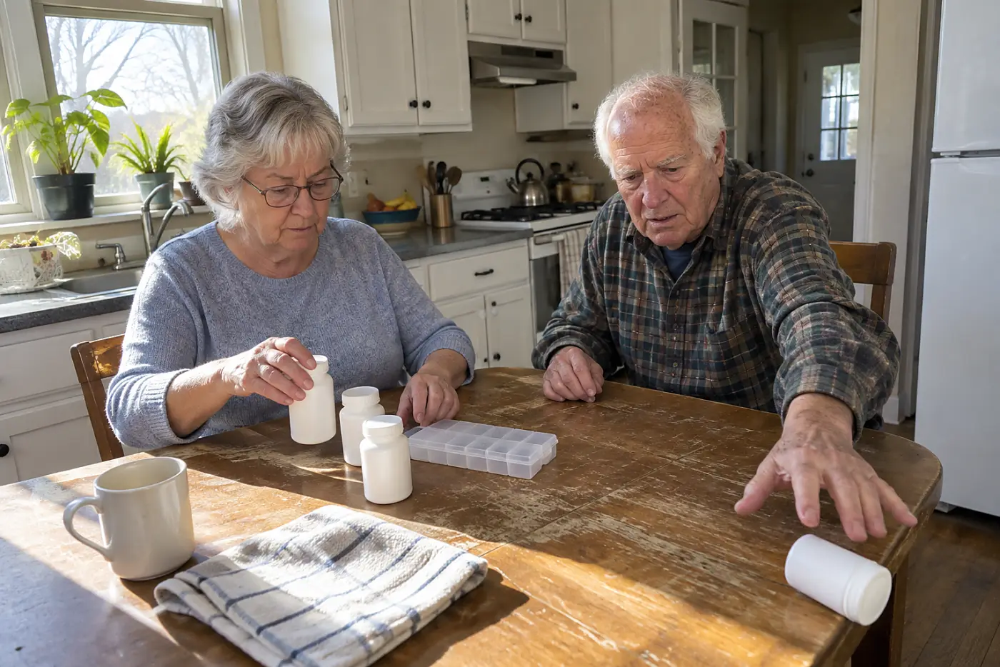 Older woman arranges medicine bottles beside a pill organizer at her kitchen table.