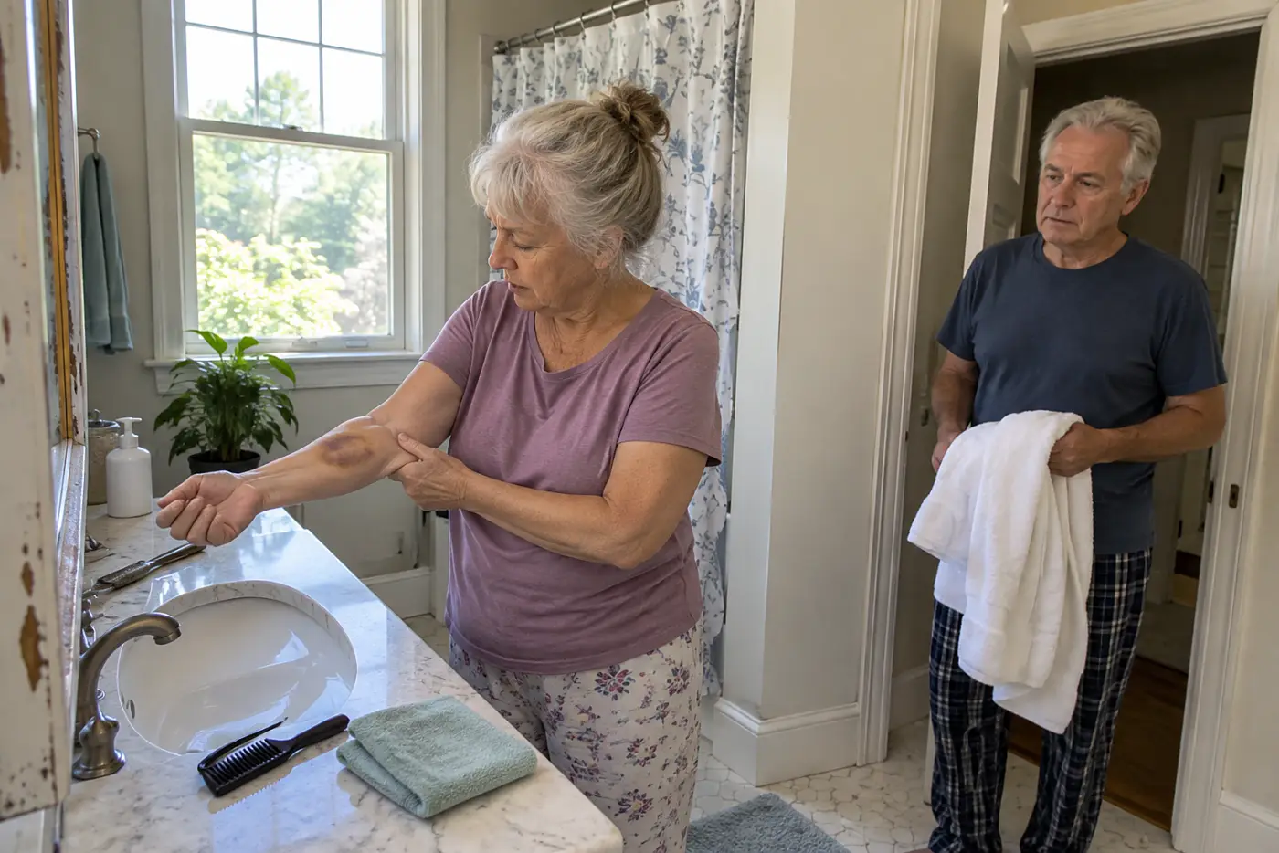 Older woman looks at a bruise on her forearm near a bathroom mirror.