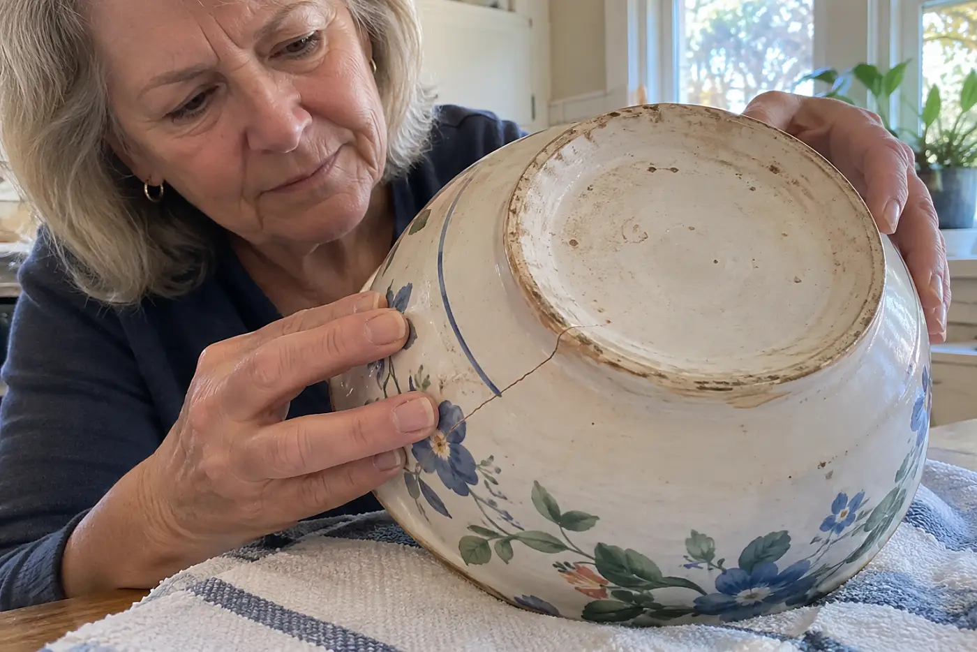 An overturned heirloom ceramic dish rests in the middle of a towel on a kitchen table as a woman in her sixties examines its underside, with no visible writing.