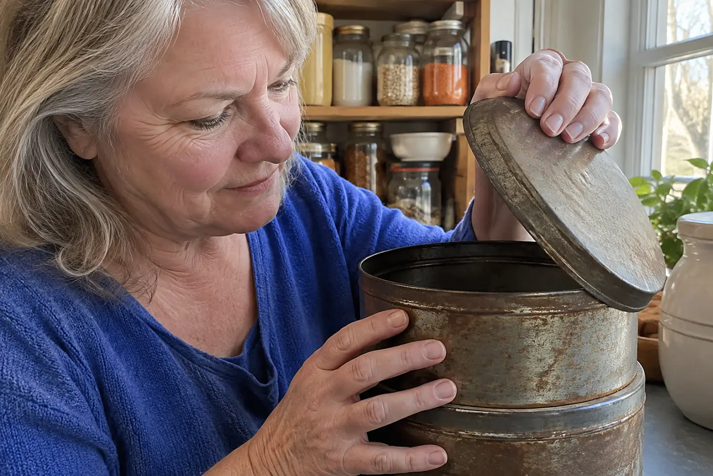 A stack of rusted cookie tins sits in the middle of a pantry table as a woman in her sixties lifts a lid, with no visible writing.