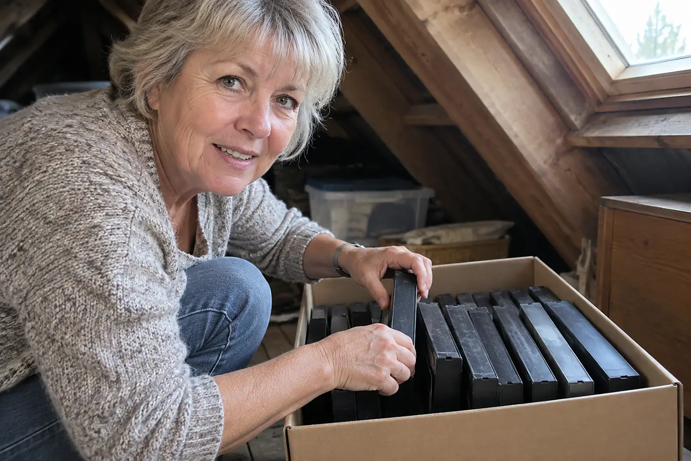A box of VHS movies sits in the middle of an attic floor with plain spines facing out as a woman in her sixties sorts them, with no visible writing.