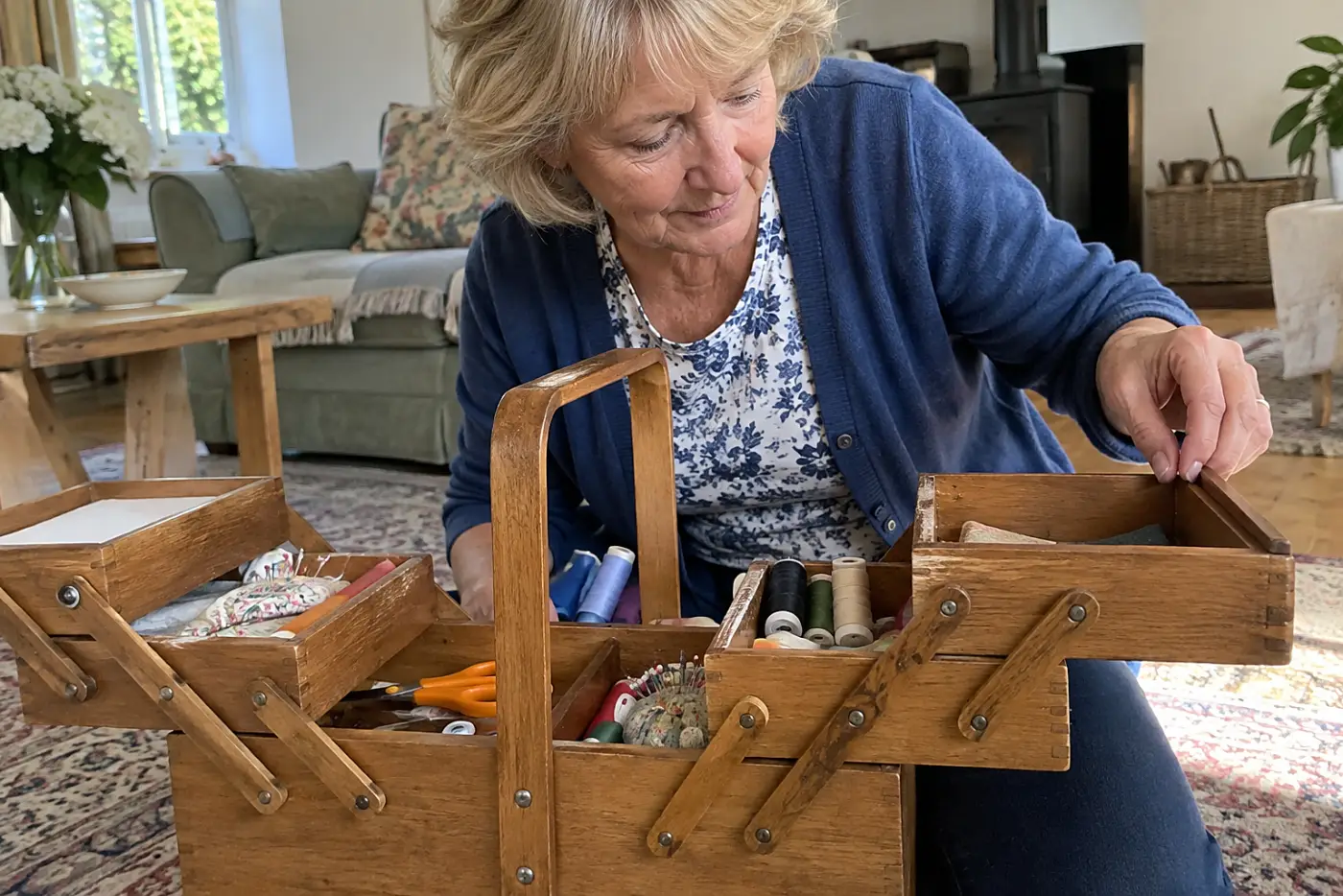 An open teak sewing box sits in the middle of a living room floor as a woman in her sixties checks its folding trays, with no visible writing.