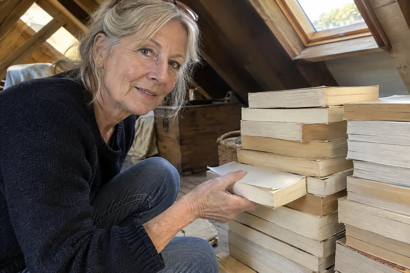 A stack of worn paperback novels sits in the middle of an attic floor with blank page edges facing the camera, beside a woman in her sixties and with no visible writing.