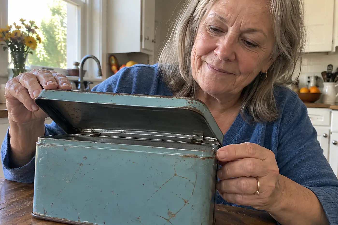 A painted tin lunchbox sits in the middle of a kitchen table with its blank side facing out as a woman in her sixties opens it, with no visible writing.