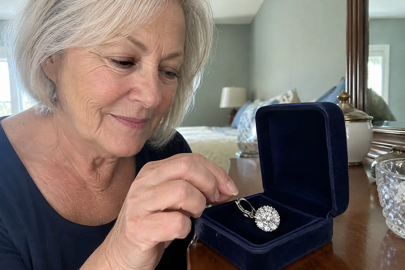 A single glittering costume earring sits in the middle of an open velvet box on a bedroom dresser, with a woman in her sixties nearby and no visible writing.