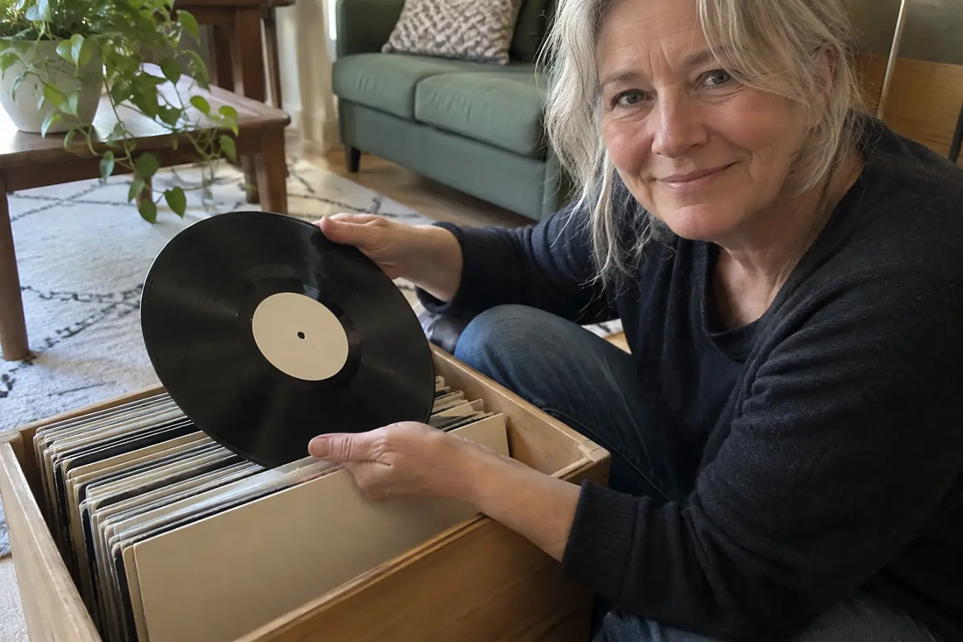 A box of vinyl records sits in the middle of a living room floor with plain sleeves facing out as a woman in her sixties lifts one disc, with no visible writing.