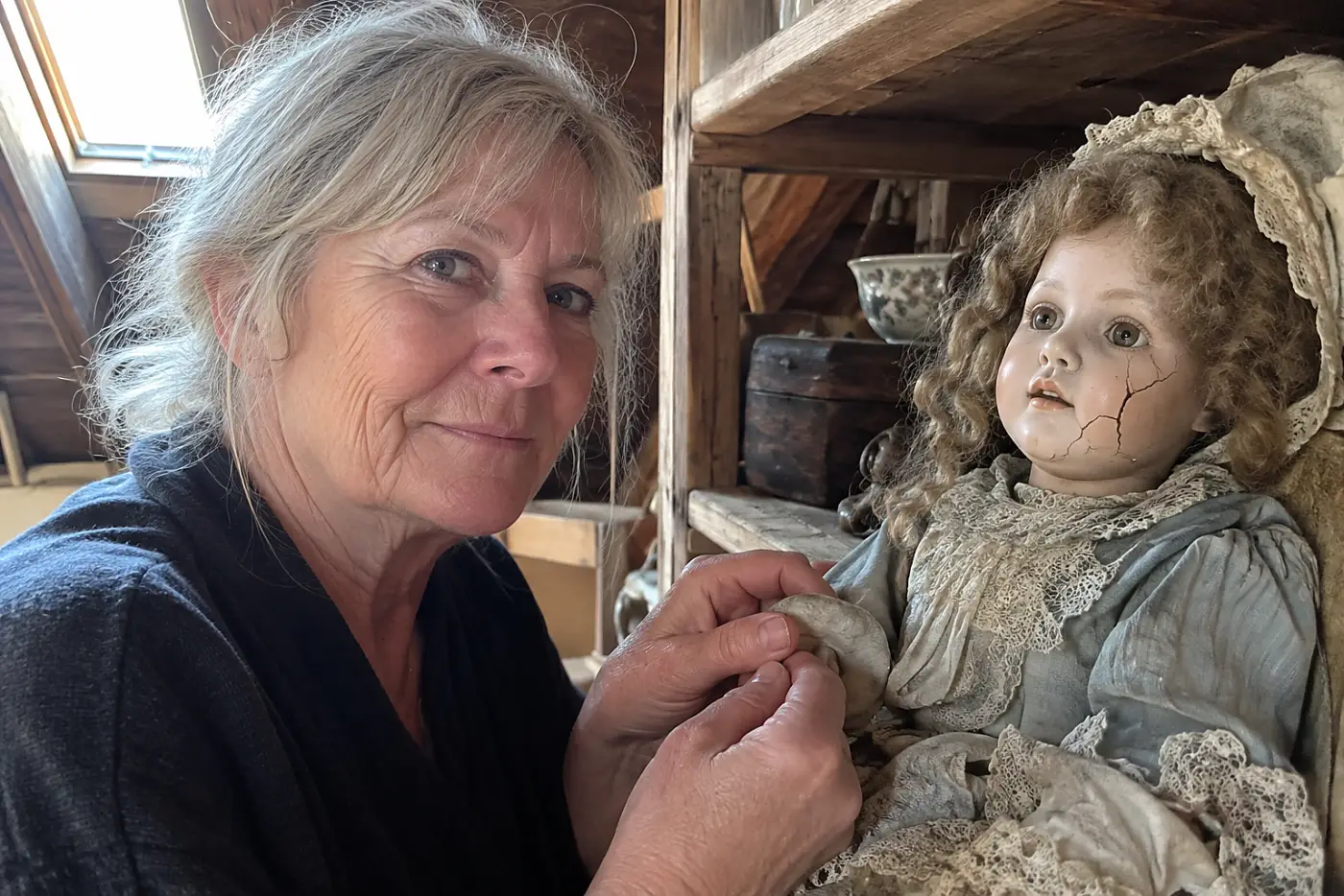 A cracked porcelain doll sits in the middle of an attic shelf beside a woman in her sixties, with no visible writing.