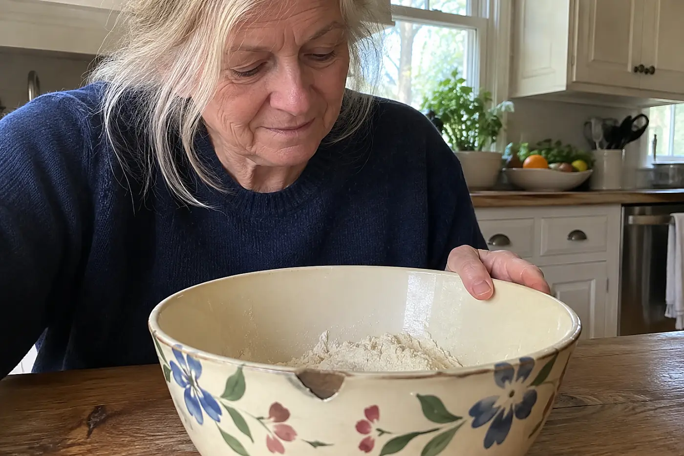 A chipped patterned Pyrex mixing bowl sits in the middle of a real kitchen table as a woman in her sixties steadies it with one hand, with no visible writing.