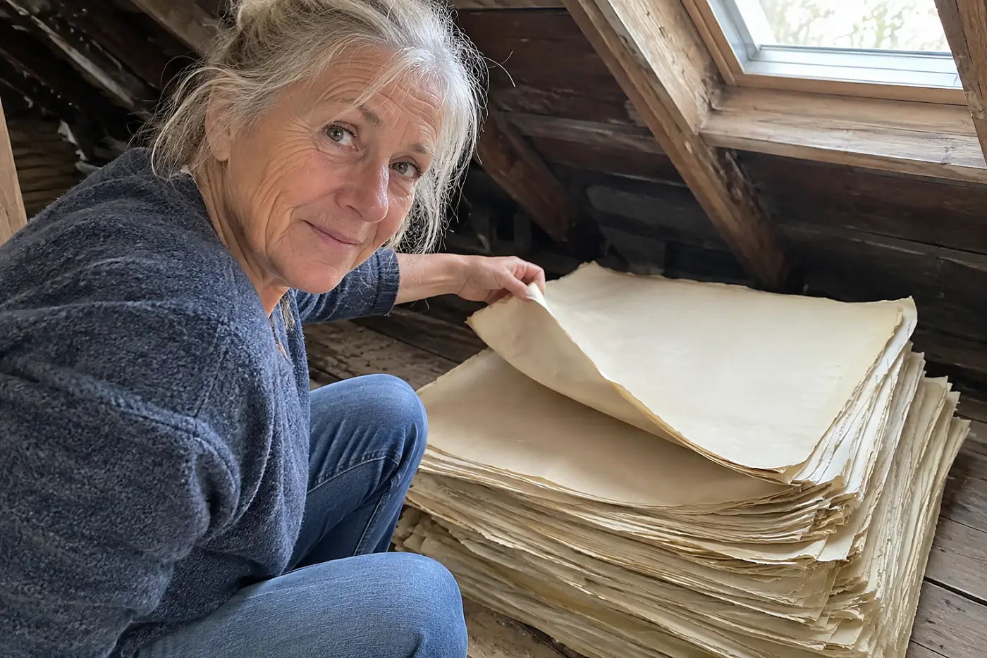 A stack of yellowed old newspapers sits in the middle of an attic floor beside a woman in her sixties, with the pages turned away so no writing shows.