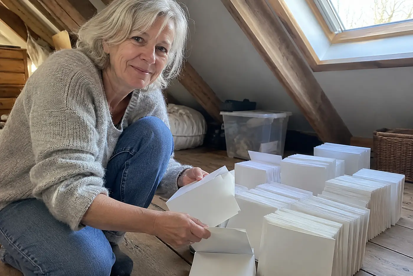A stack of greeting cards sits in the middle of an attic floor with blank backs facing out as a woman in her sixties sorts them, with no visible writing.