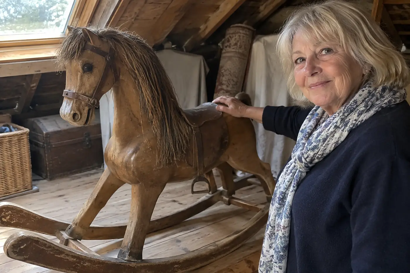 A wooden rocking horse stands in the middle of an attic room beside a woman in her sixties, with no visible writing.