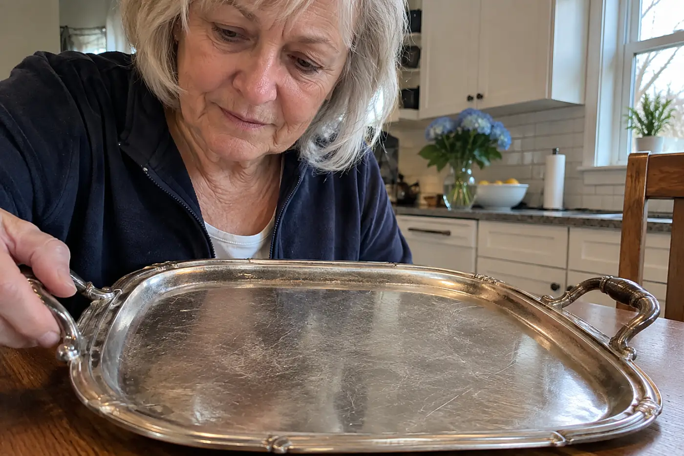 A worn silverplate serving tray sits in the middle of a kitchen table as a woman in her sixties checks its handles, with no visible writing.