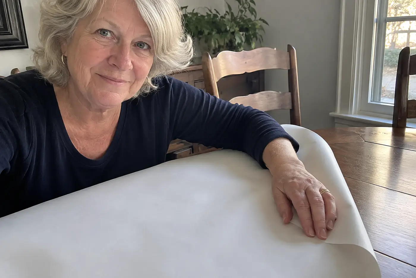 A rolled movie poster rests in the middle of a dining table as a woman in her sixties holds down its blank reverse side, with no visible writing.