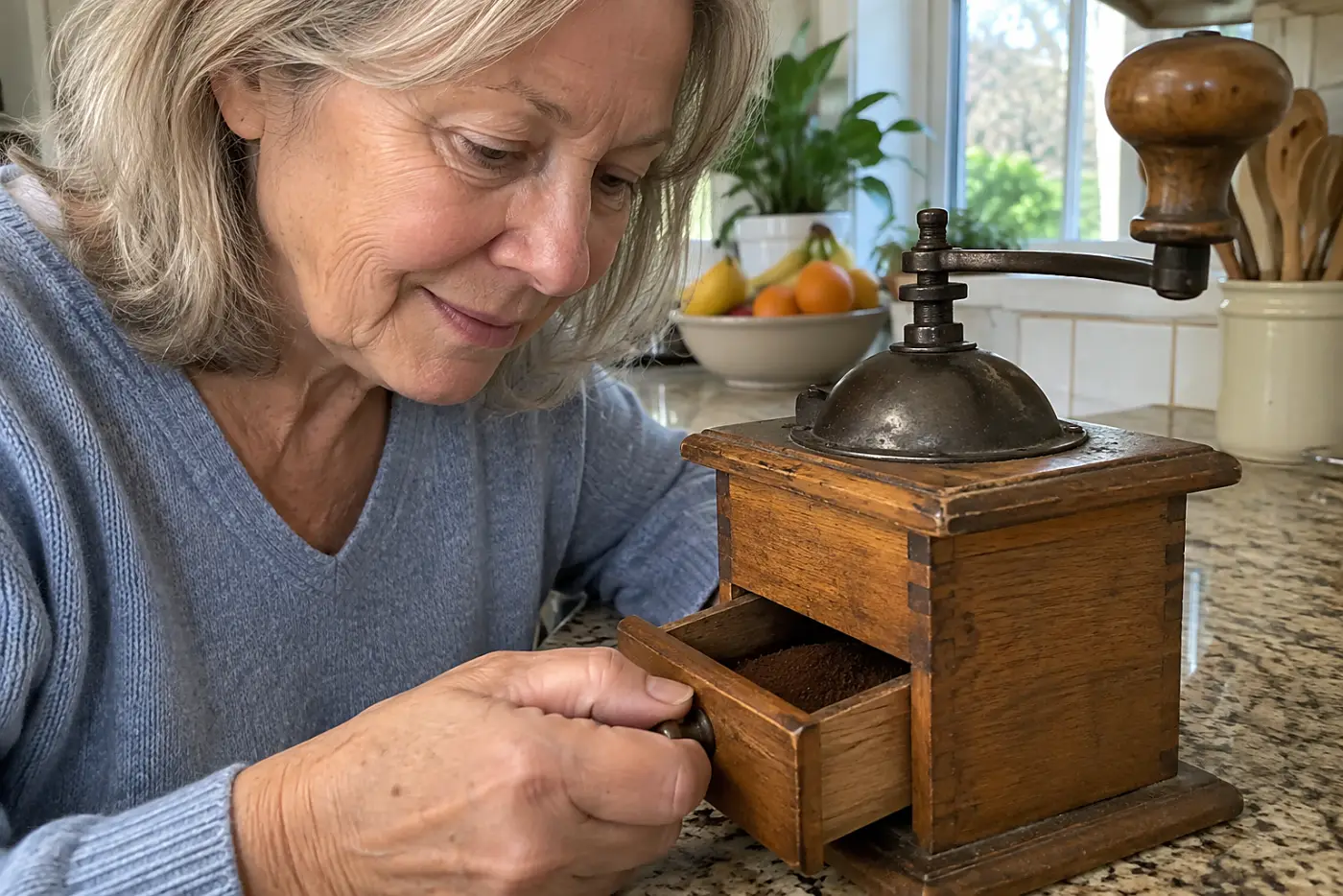 A wooden hand-crank coffee grinder sits in the middle of a kitchen counter as a woman in her sixties opens its drawer, with no visible writing.
