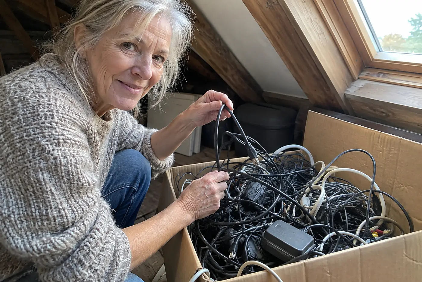A tangled box of old cables sits in the middle of an attic floor as a woman in her sixties separates one cord, with no visible writing.