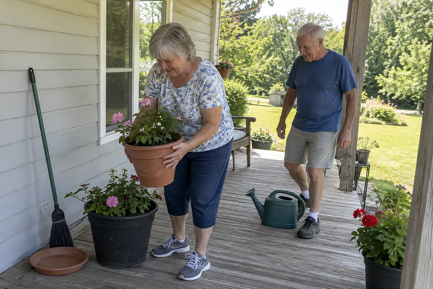 Woman lifting a terracotta pot beside a plastic pot on her porch.