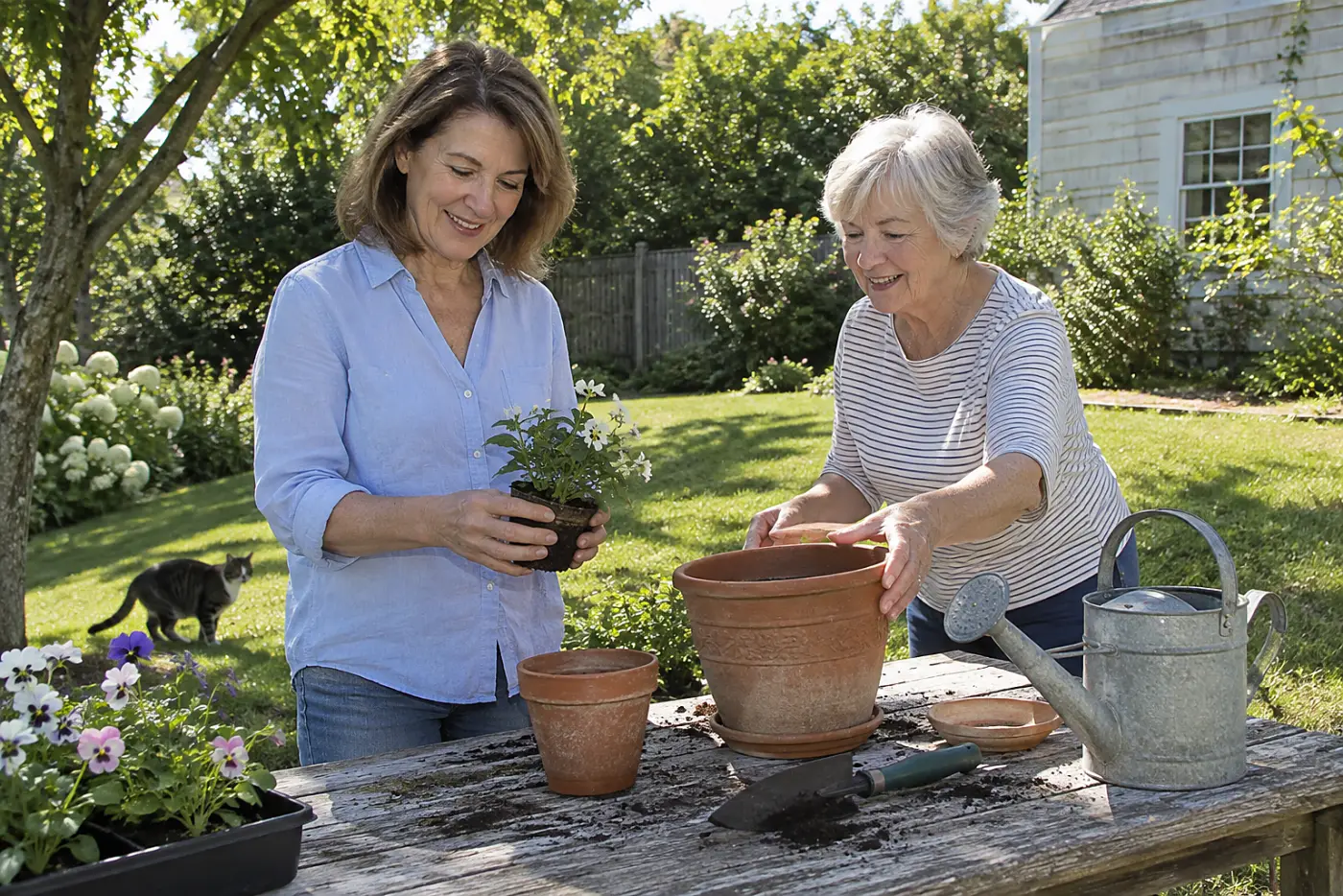 Woman holding a small plant beside two different-sized pots at a garden bench.