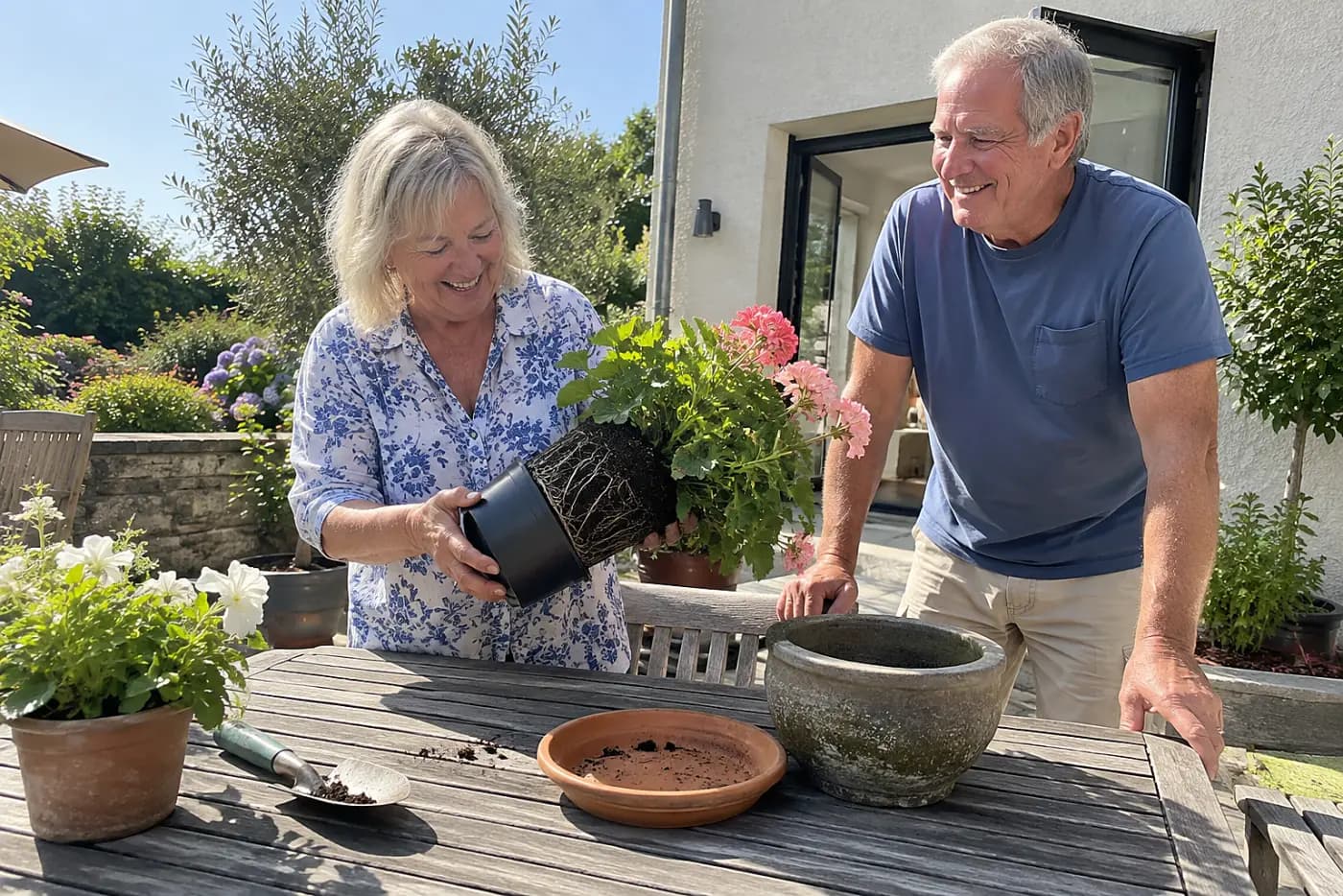 Woman sliding a root-bound plant from its nursery pot on a patio table.