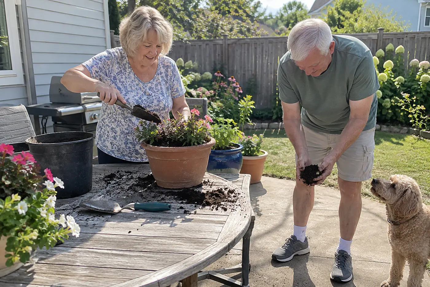 Woman replacing dense soil with potting mix in a flowerpot at an outdoor table.