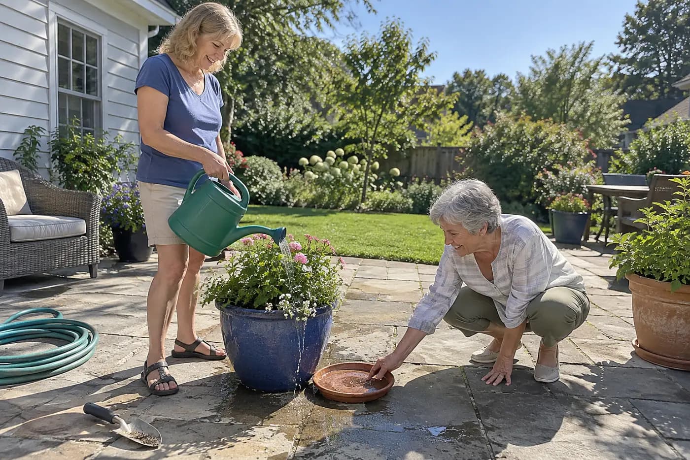 Woman watering a container slowly until water leaves its drain hole on a patio.