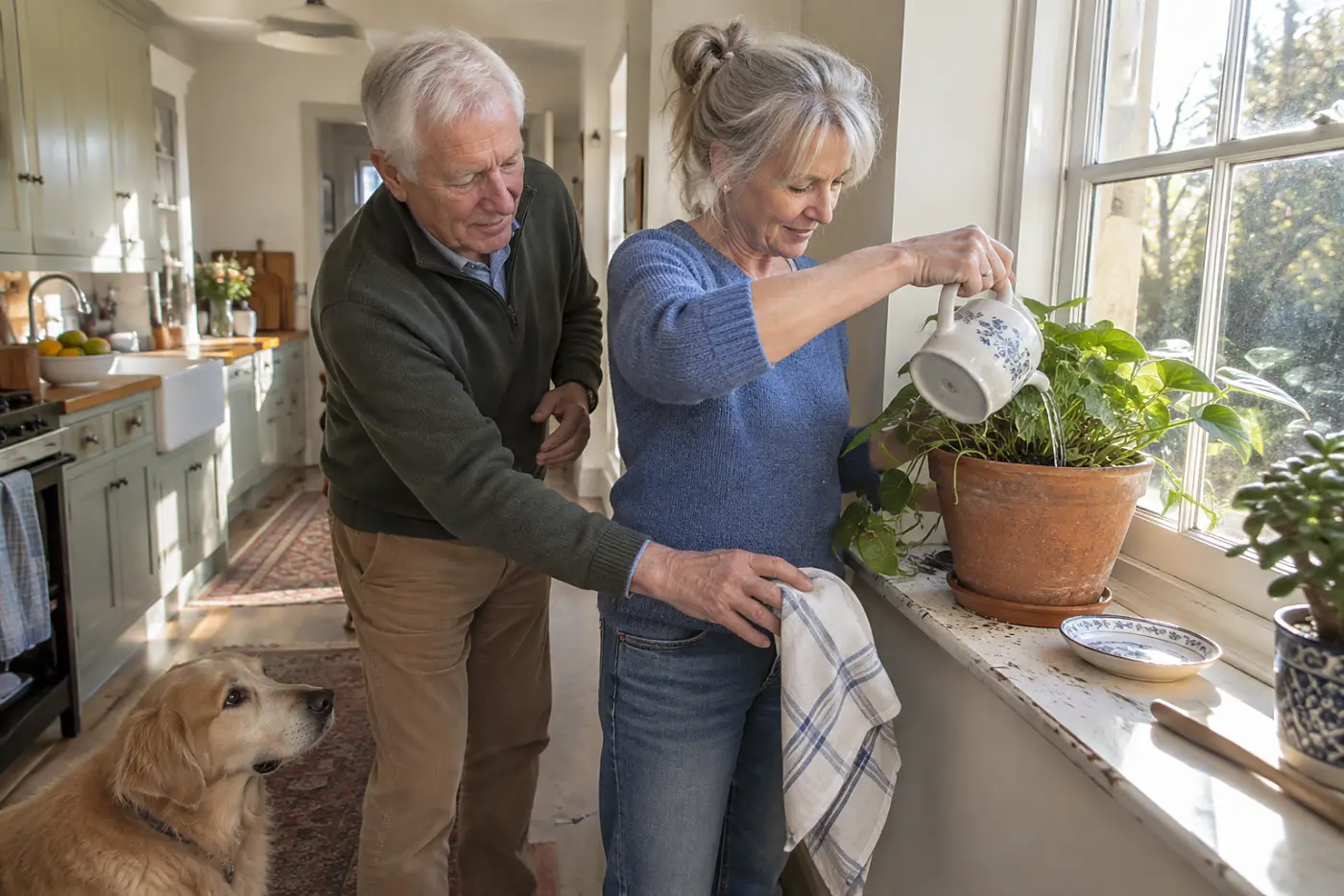 Woman pouring water slowly into a pot with soil pulled away from its rim.