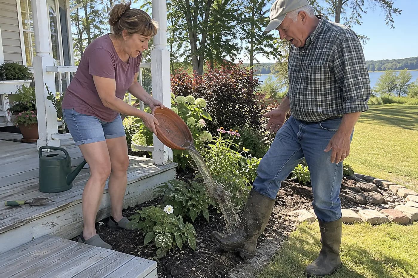 Woman emptying a plant saucer into a garden bed beside her porch.