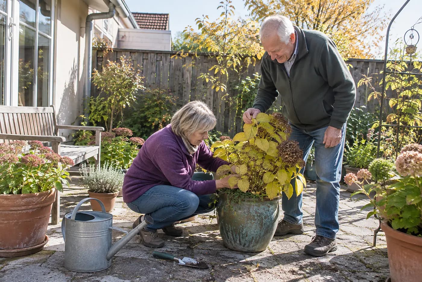 Woman inspecting yellow leaves and the soil beneath them in a patio container.