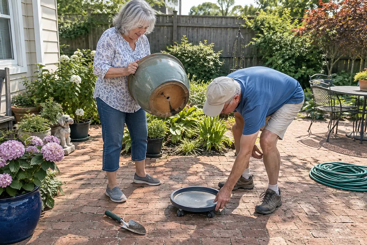 Woman tipping a large pot to inspect its drainage hole on a brick patio.