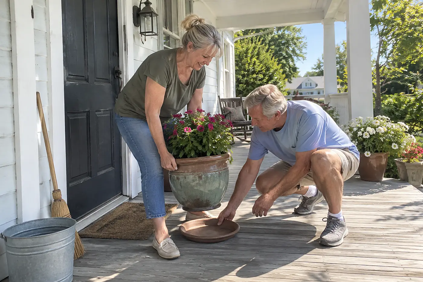 Woman lifting a flowerpot beside her front door while other pots sit farther down the porch.